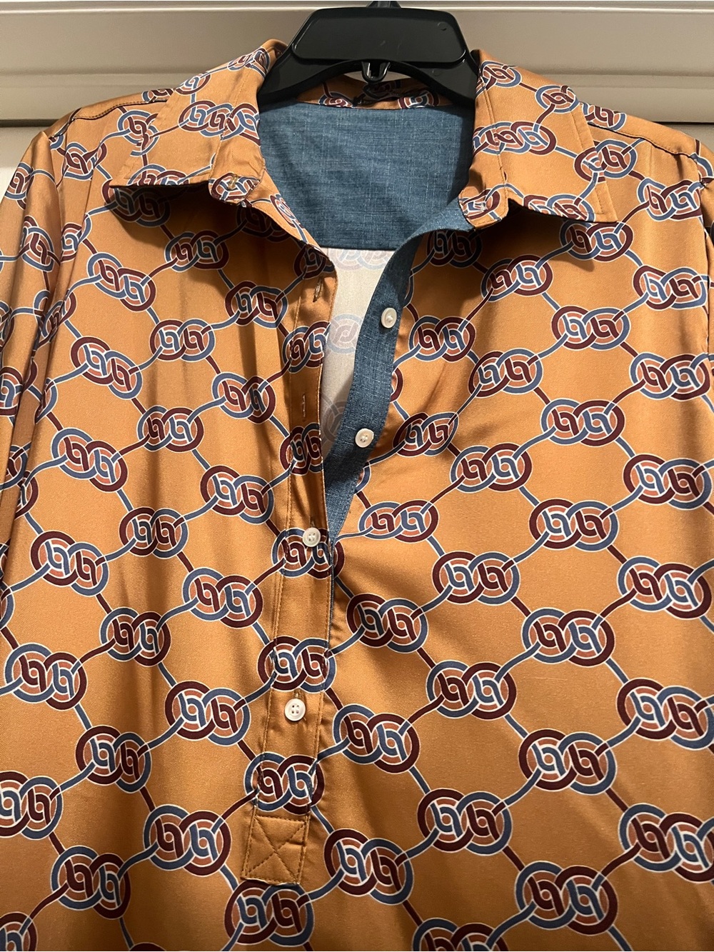 Women's Midi Shirt Dress in Tan Chain Print - Picture 2 of 4